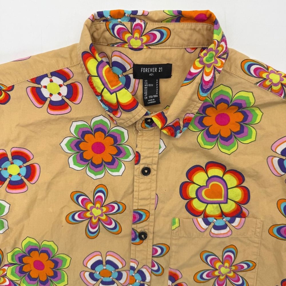 Forever 21 Shirt Men Small Tan Floral Psychedelic Retro Short Sleeve Button Up